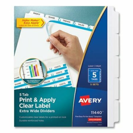 AVERY DENNISON Avery, PRINT AND APPLY INDEX MAKER CLEAR LABEL DIVIDERS, 5 WHITE TABS, LETTER, 5 SETS 11440